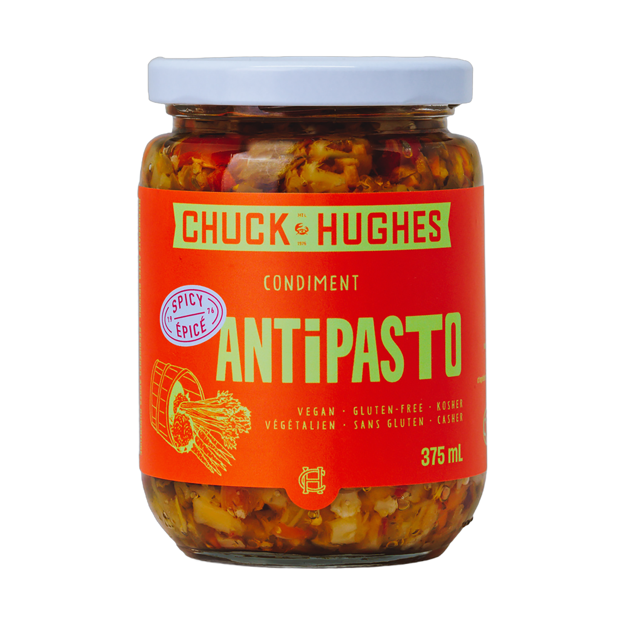Chuck Hughes Spicy Antipasto 375ml antipasto condiment — front of jar on transparent background