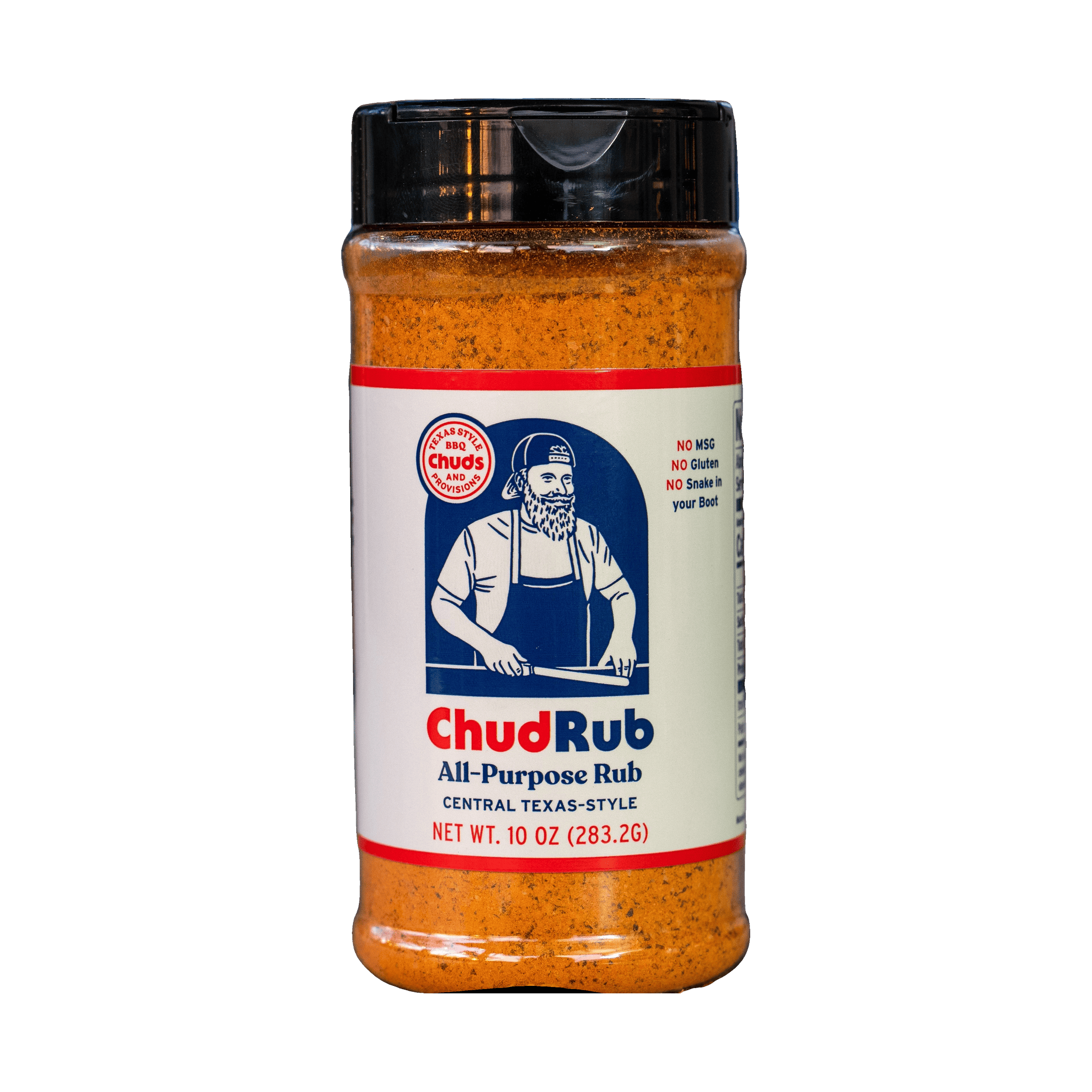 Chuds BBQ ChudRub 283g all-purpose Texas BBQ rub — front of shaker on transparent background