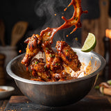 Chuds BBQ SnakeBite 280g spicy jalapeño BBQ rub — glossy red barbecue wings caught mid-toss with sauce arcing