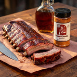 Chuds BBQ SweetCheeks 309g sweet maple BBQ rub — sliced mahogany pork ribs on butcher paper