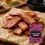 Coast n Smoke Bacon Cure — stack of thick-cut homemade streaky bacon rashers, glistening and golden