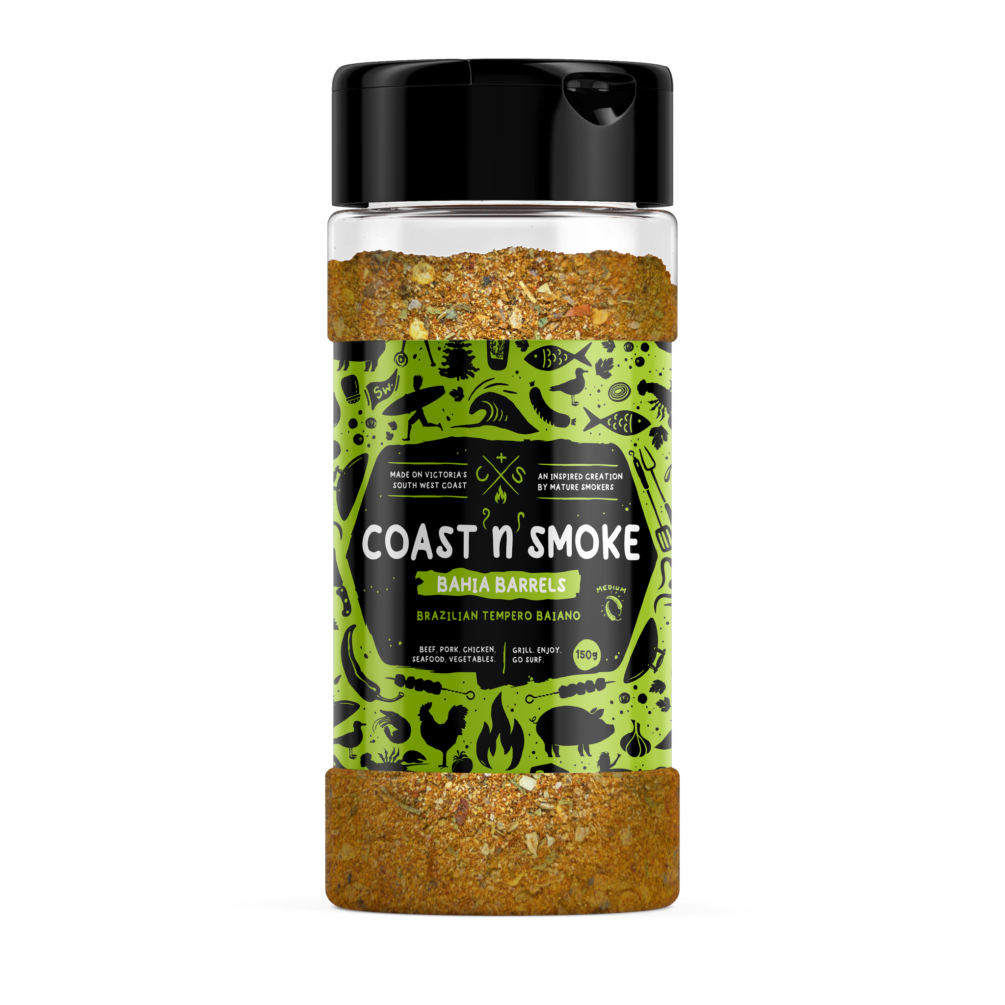 Coast n Smoke Bahia Barrels rub 150g, front of shaker on transparent background