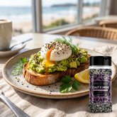 Coast n Smoke Bancoora Bagel seasoning — smashed avo sourdough with a poached egg showered in seeded seasoning
