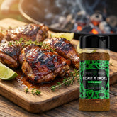 Coast n Smoke Drop-In Jerk rub — charred Caribbean jerk chicken thighs with glossy dark skin and lime