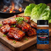 Coast n Smoke K-Pop Dust Korean BBQ — glossy lacquered pork belly with gochugaru glaze, sesame and spring onion