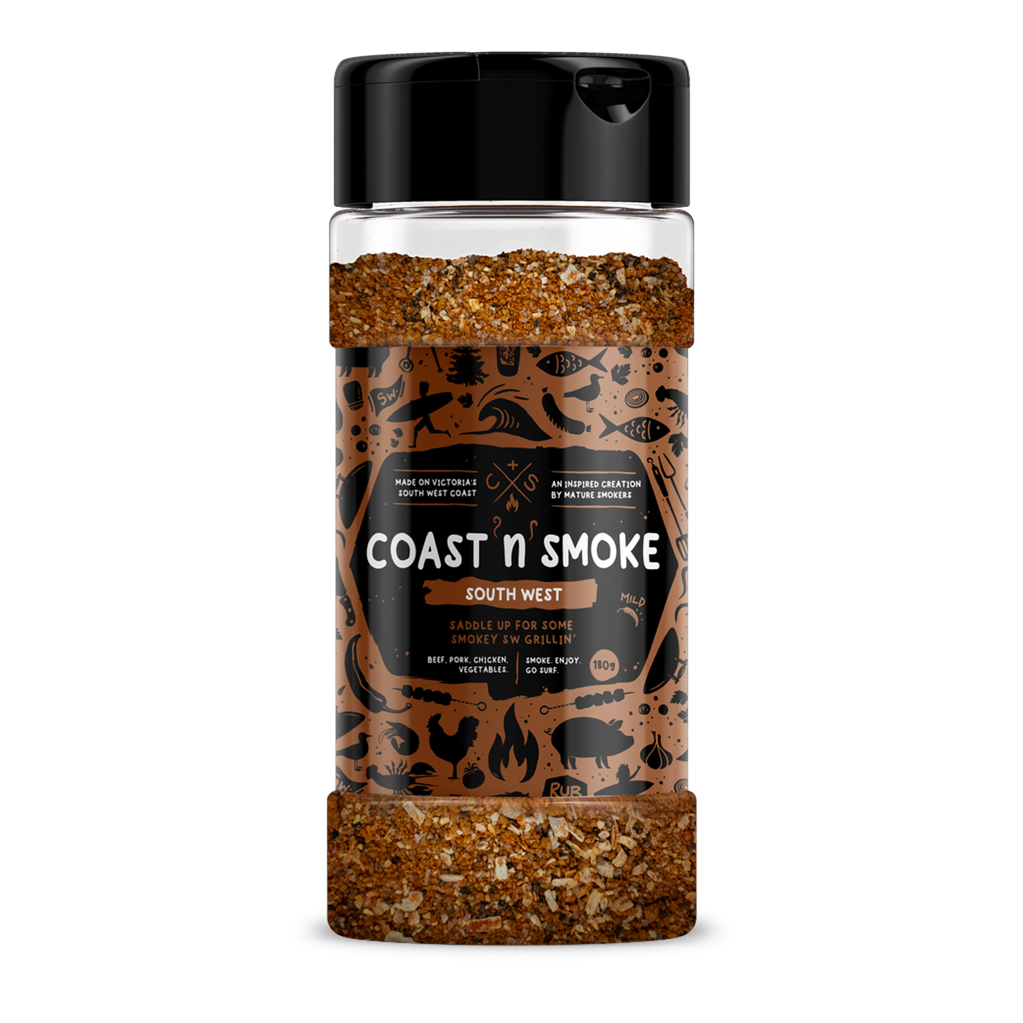 Coast n Smoke South West rub 180g, front of shaker on transparent background