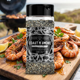 Coast n Smoke SPG salt pepper garlic — platter of chargrilled garlic prawns with glossy charred edges and lemon