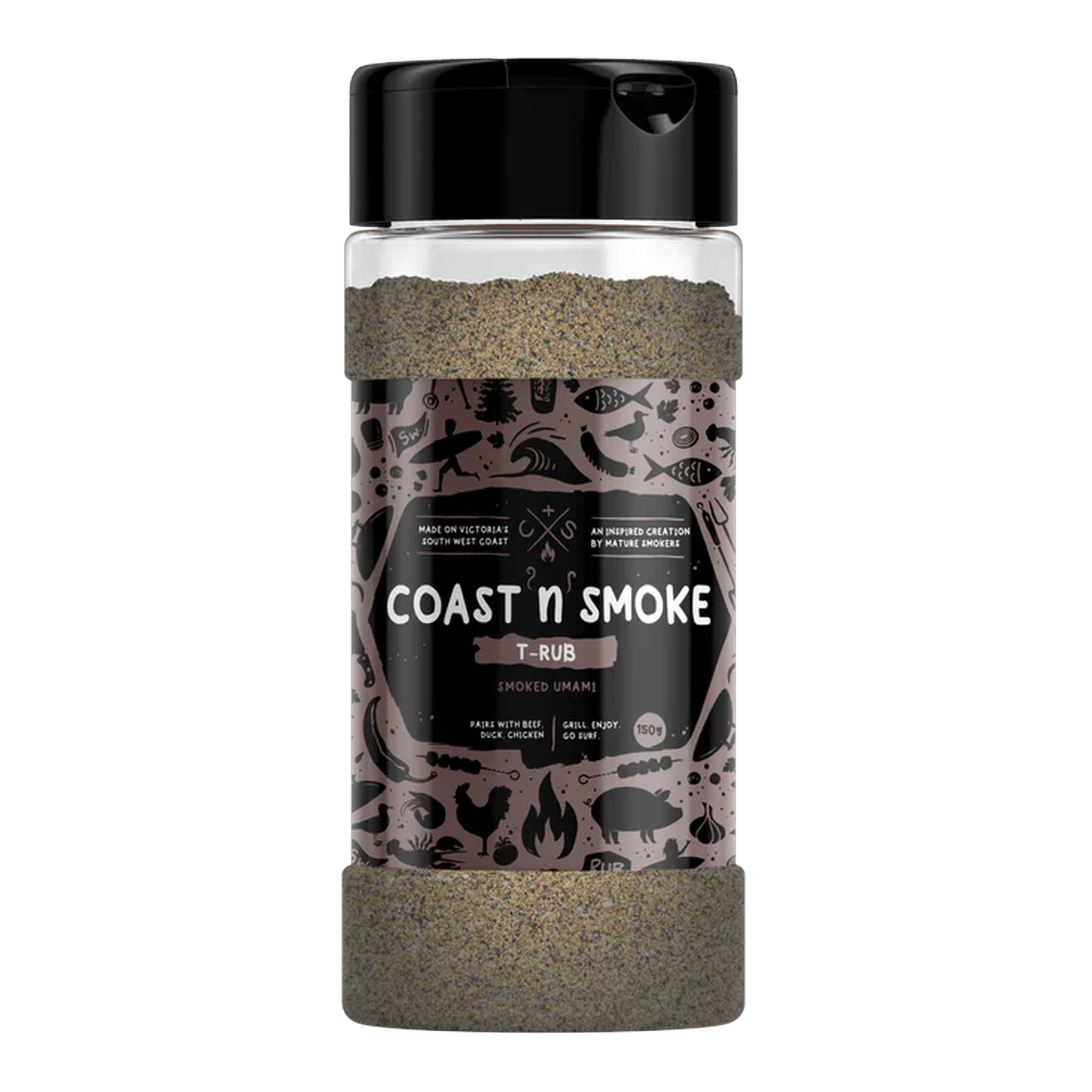 Coast n Smoke T-Rub umami seasoning 150g, front of shaker on transparent background