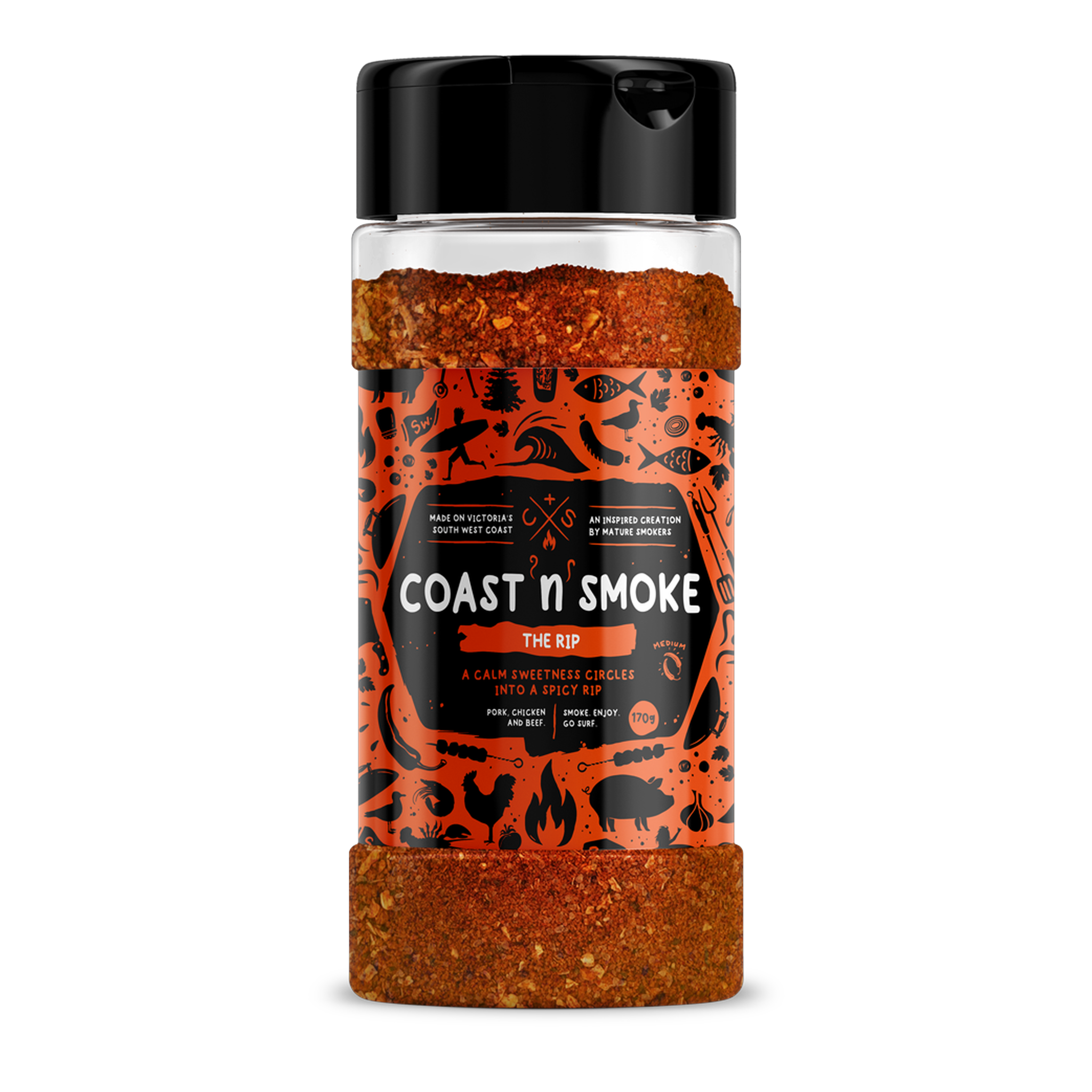 Coast n Smoke The Rip rub 200g, front of shaker on transparent background