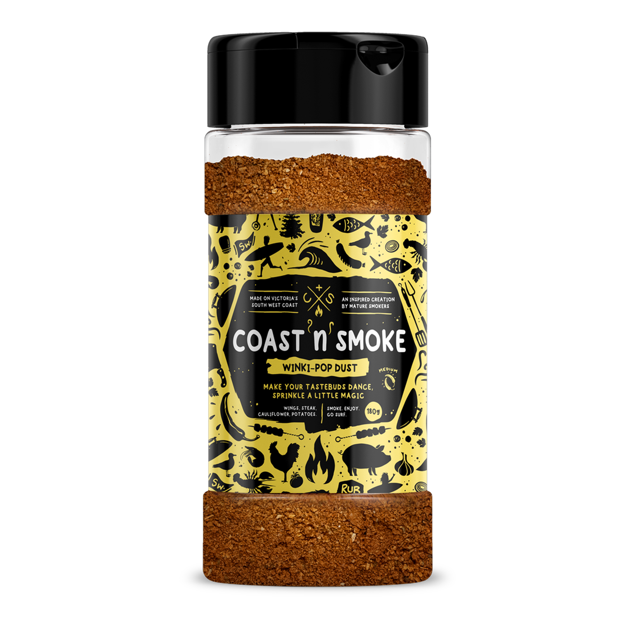 Coast n Smoke Winki-POP Dust seasoning 170g, front of shaker on transparent background