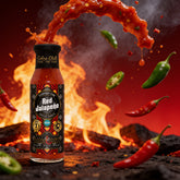 Cobra Chilli Red Jalapeño Chilli Sauce Medium 250ml Hot Sauce — dynamic pouring action shot with fire and chilli splash
