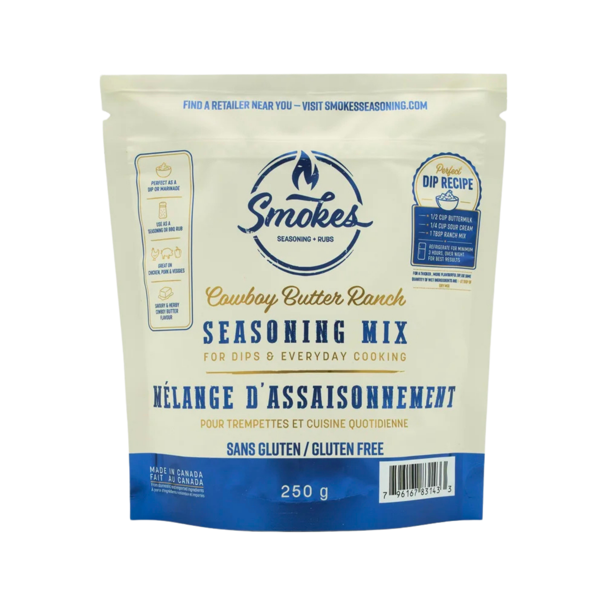 Smokes Seasoning Cowboy Butter Ranch Seasoning Mix 250g pouch, front - official product photography