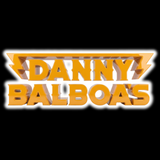 Danny Balboas hot sauce brand logo, amber 3D wordmark with lightning-bolt accents, on black background