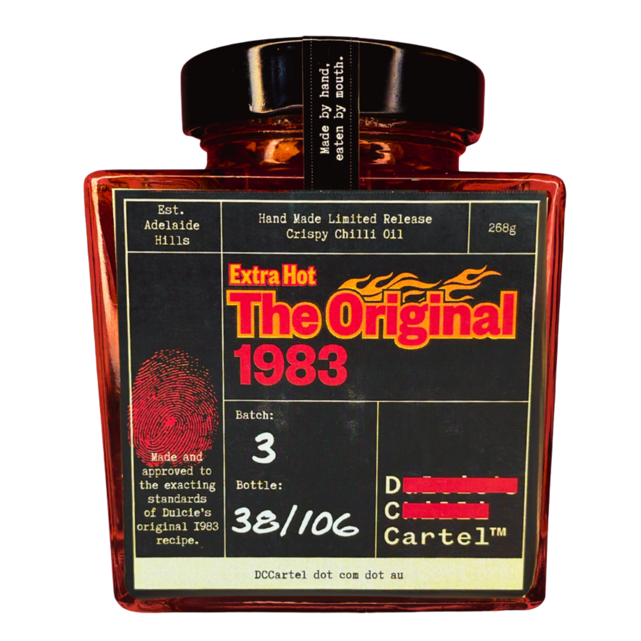 DC Cartel 1983 Extra Hot Carolina Reaper crispy chilli oil 268g, front of jar on transparent background