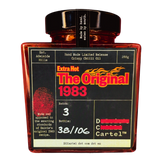 DC Cartel 1983 Extra Hot Carolina Reaper crispy chilli oil 268g, front of jar on transparent background