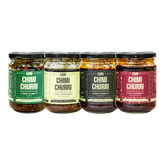 El Chori Chimichurri Four Pack — Tangy Classic, Zesty Coriander, Smoky Paprika and Hot Jalapeño 228g jars on transparent background