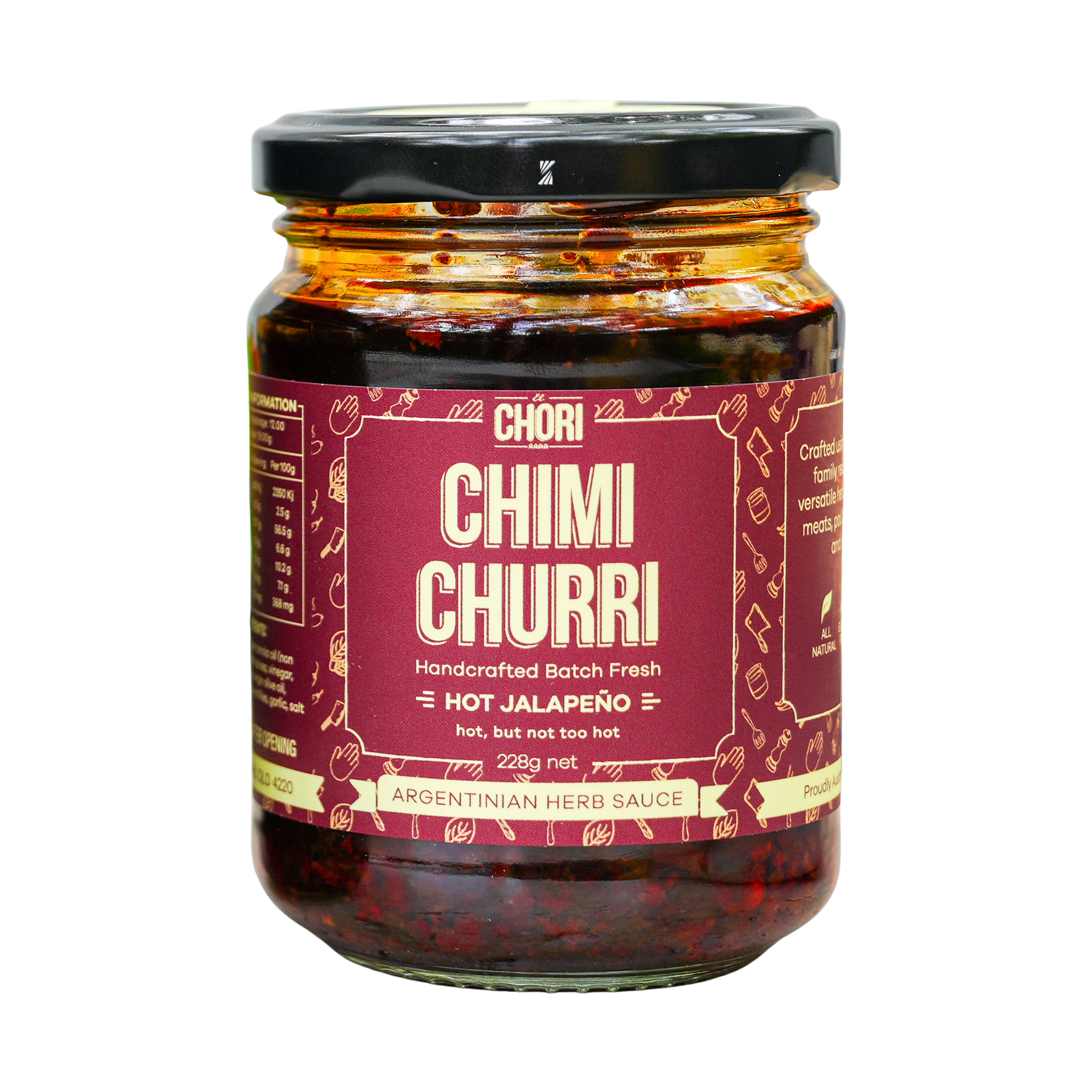 El Chori Hot Jalapeño Chimichurri 228g jar — hot Argentinian chimichurri, front of jar on transparent background