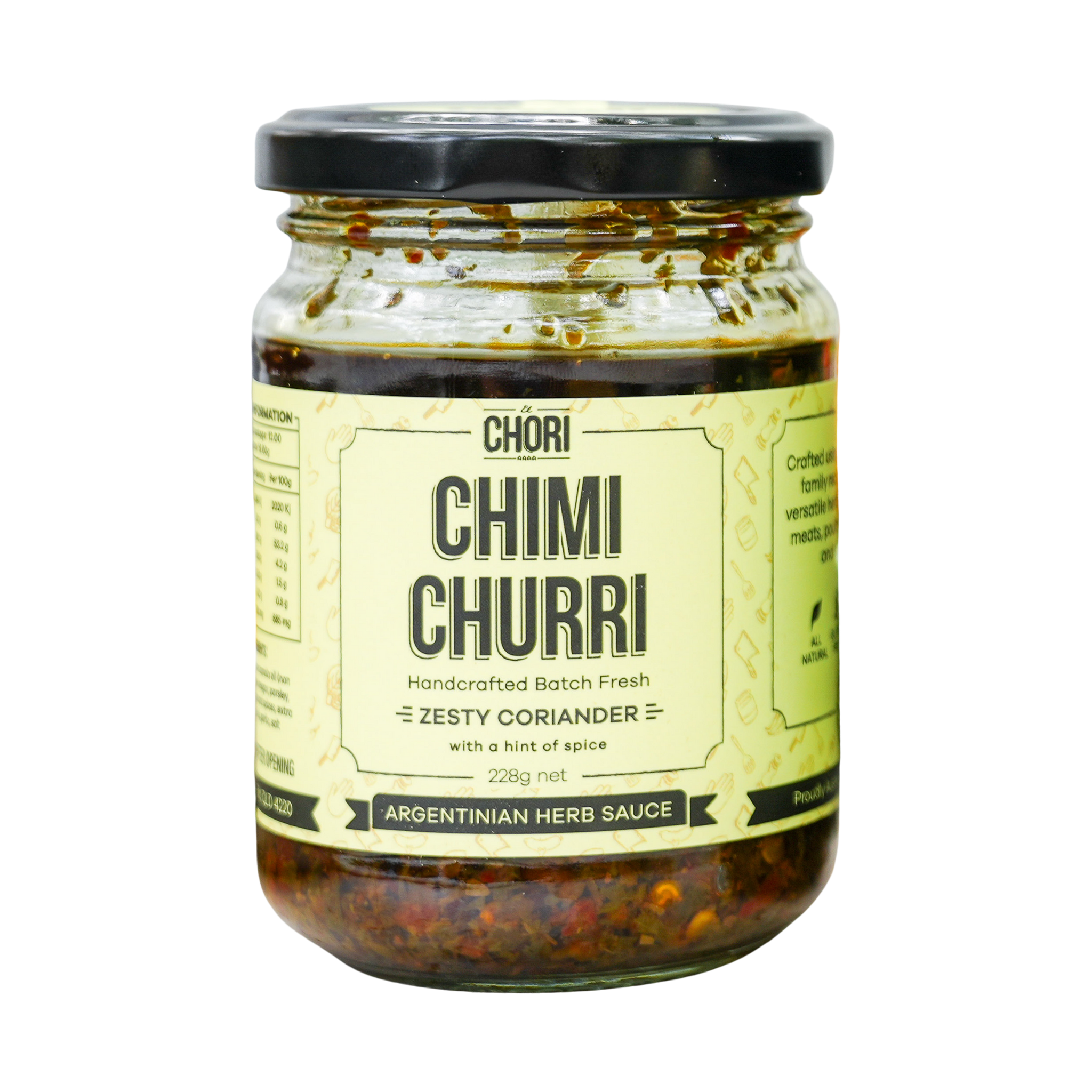 El Chori Zesty Coriander Chimichurri 228g jar — mild coriander chimichurri, front of jar on transparent background