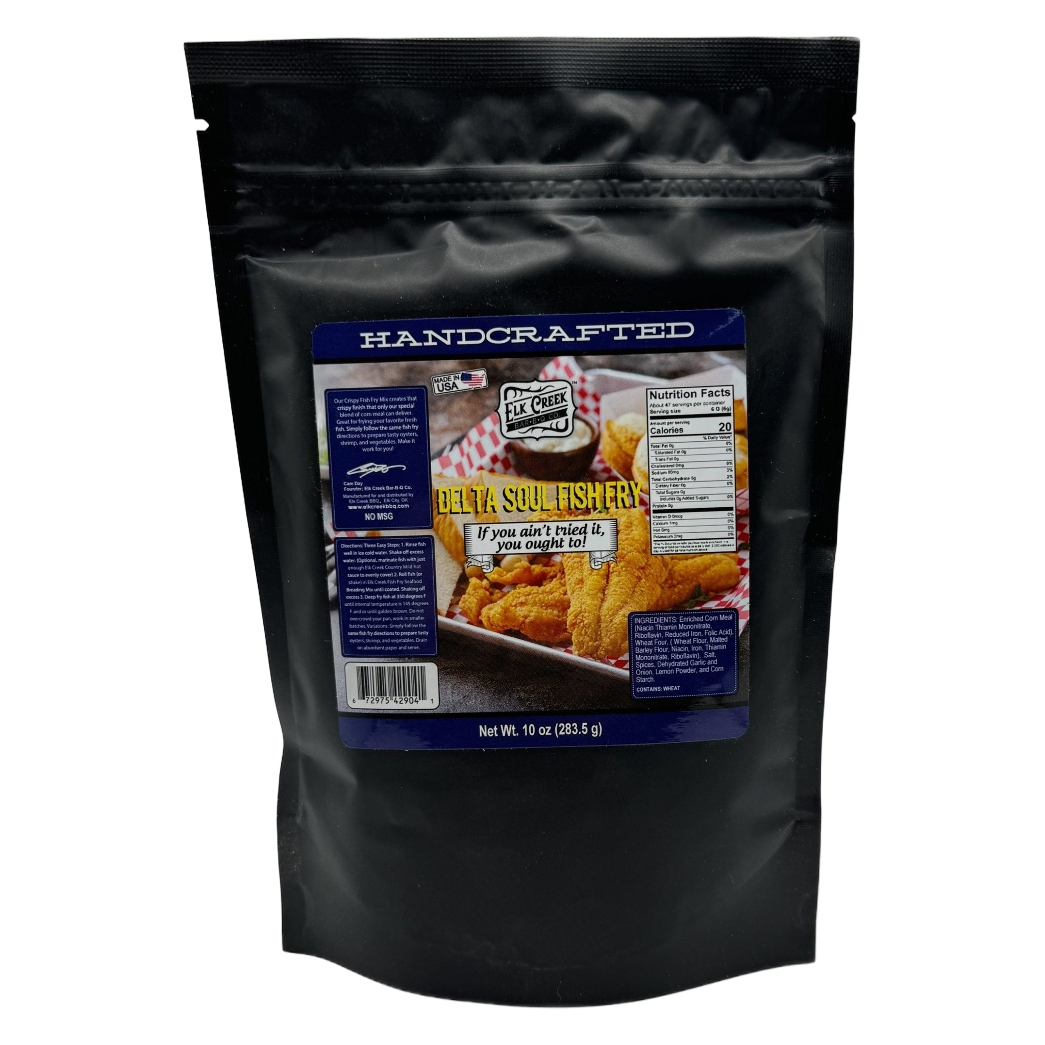 Elk Creek Delta Soul Fish Fry Mix 283g, black stand-up pouch on transparent background