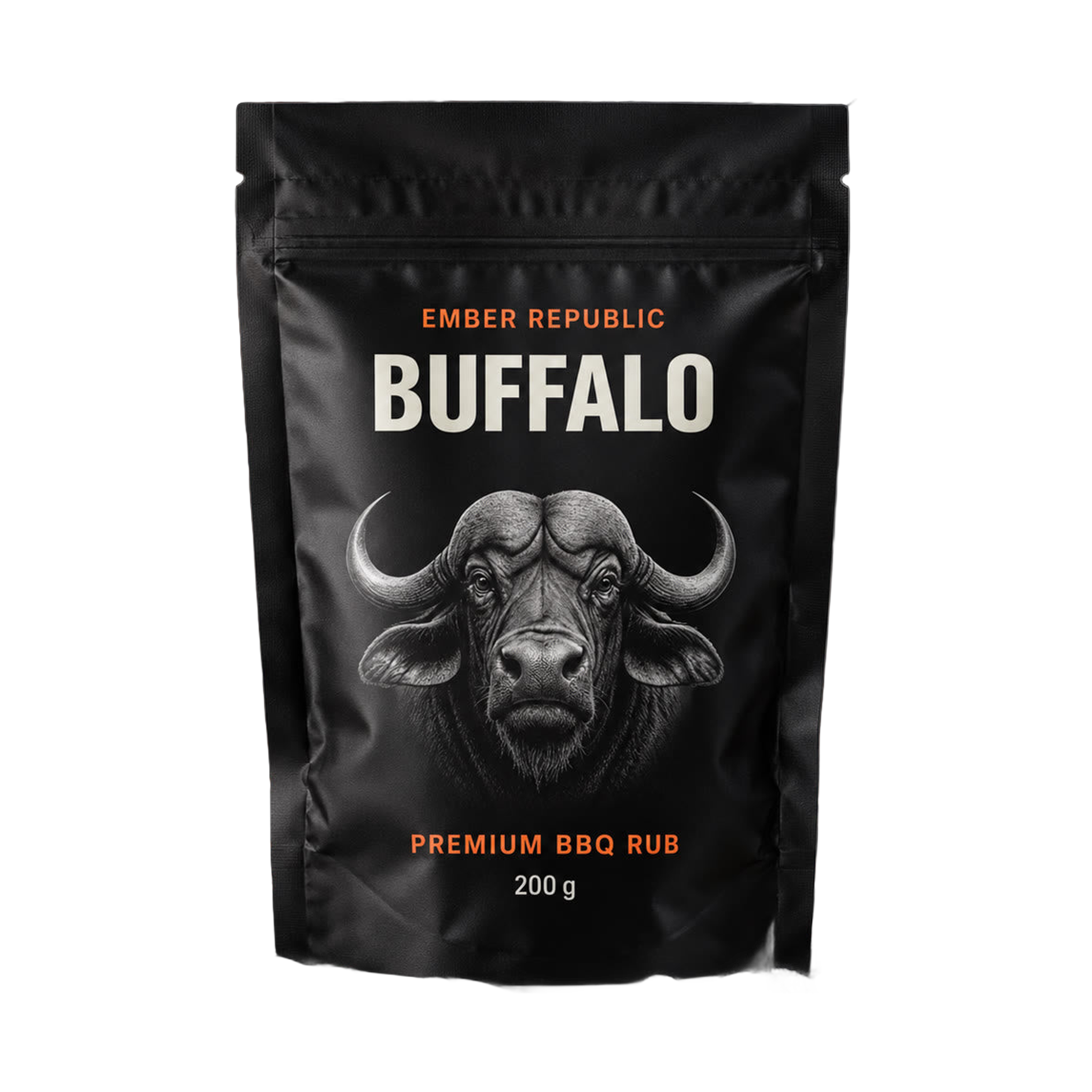 Ember Republic Buffalo Lowveld Sweet Ash pork BBQ rub 200g pouch — front on transparent background