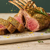 Herb-crusted lamb rack seasoned with Ember Republic Elephant Karoo Flame & Thyme