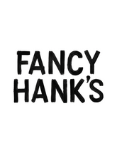 Fancy Hank's barbecue brand logo, bold black wordmark with white glow, on transparent background