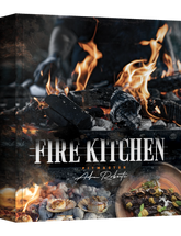 Fire Kitchen by Adam Roberts hardback cookbook — front cover with flames, scallops and steak