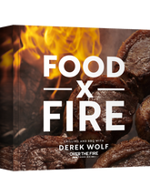 Food by Fire by Derek Wolf hardback cookbook — front cover styled Food x Fire