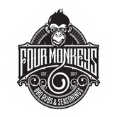 Four Monkeys BBQ brand logo, mohawk ape crest over a rubs and seasonings banner, black on transparent background