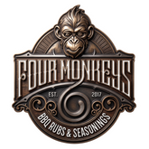 Four Monkeys BBQ brand logo, mohawk ape crest over a rubs and seasonings banner, bronze on transparent background