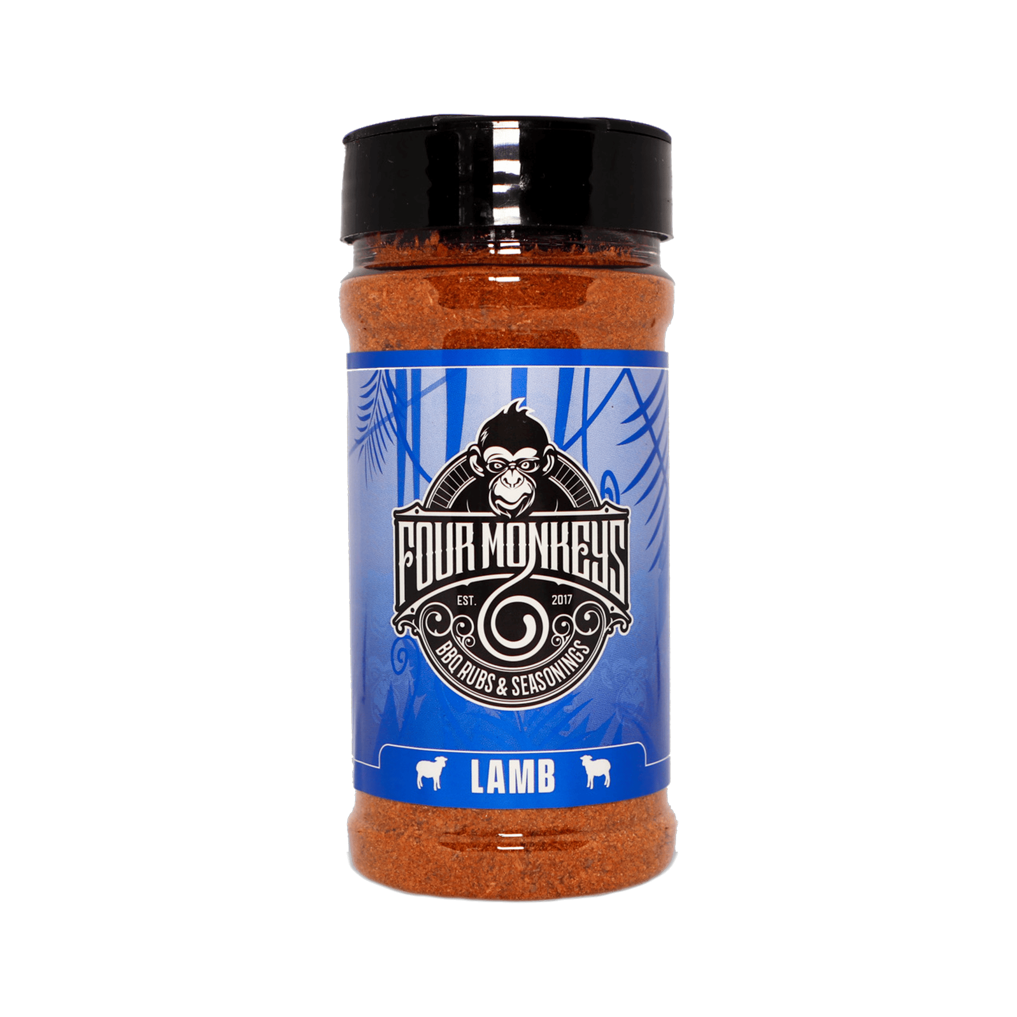Four Monkeys BBQ Lamb Rub 270g barbecue rub — front of shaker on transparent background
