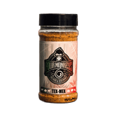 Four Monkeys BBQ Tex-Mex Rub 280g barbecue rub — front of shaker on transparent background