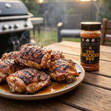 Four Saucemen The Chicken Rub - grilled chicken thighs with charred skin on a platter