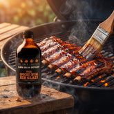 Four Saucemen The Spiced Rum Rib Glaze - pork ribs lacquered with dark spiced rum glaze on the grill