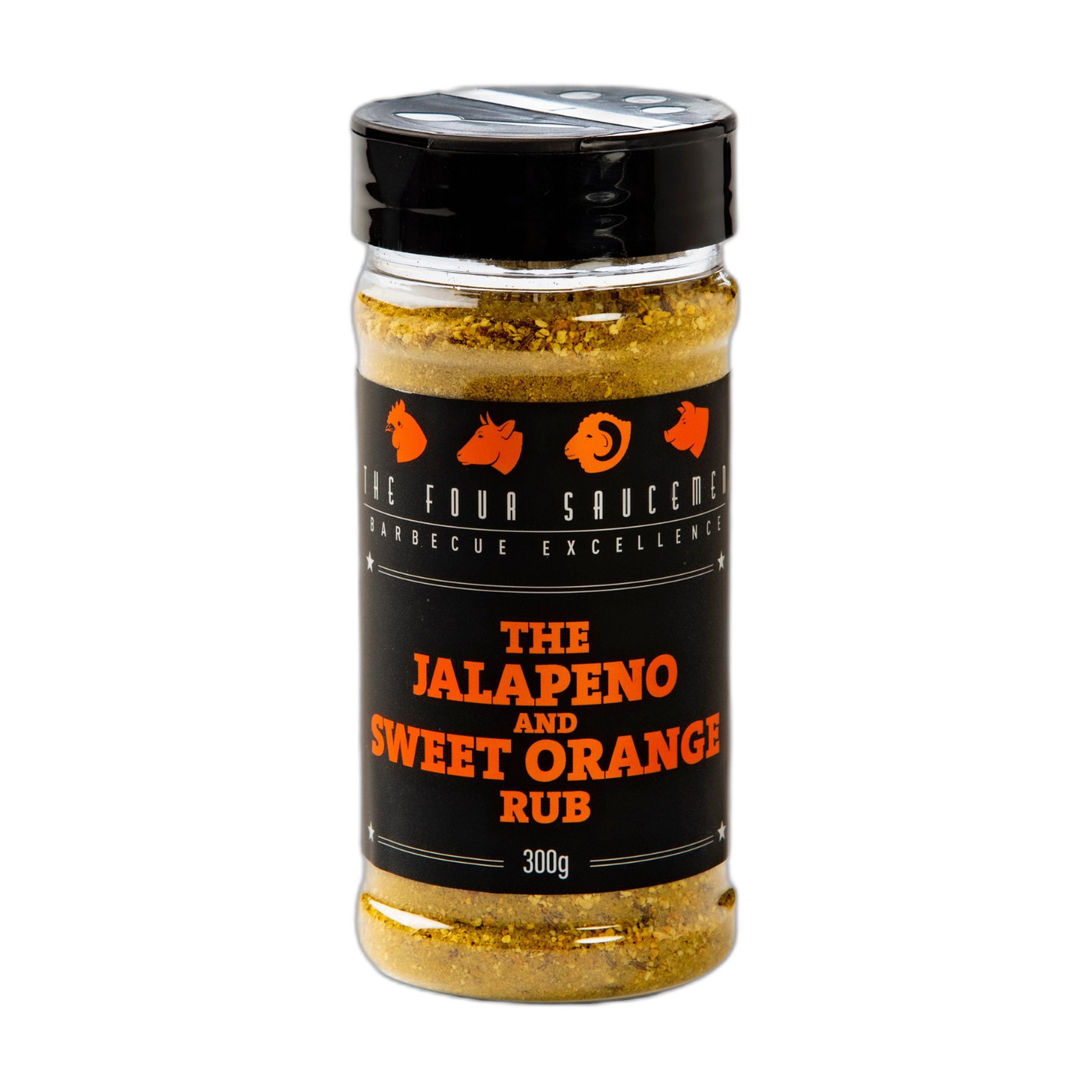Four Saucemen Jalapeno and Sweet Orange Rub 300g, front of shaker