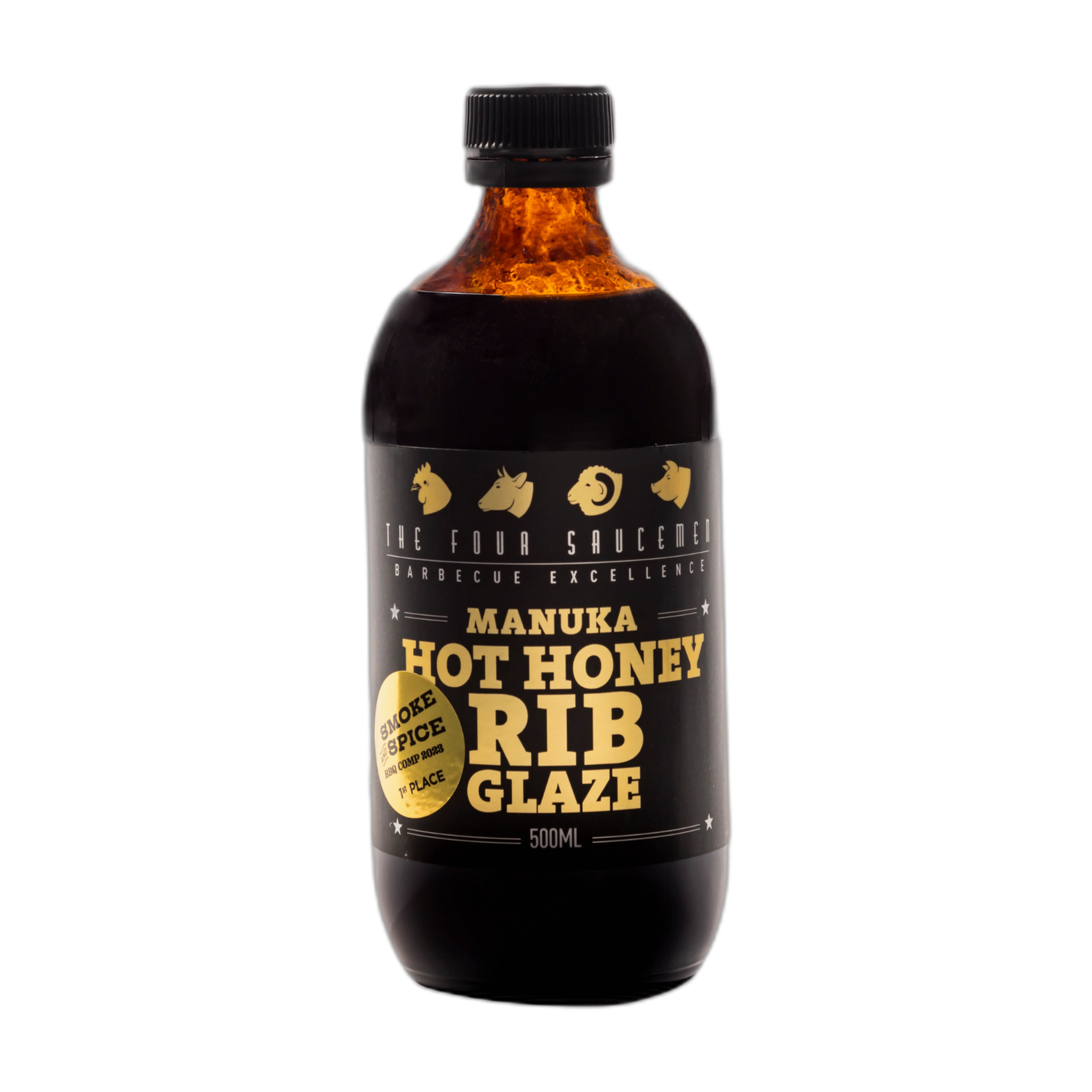 Four Saucemen Manuka Hot Honey Rib Glaze 500ml, front of bottle