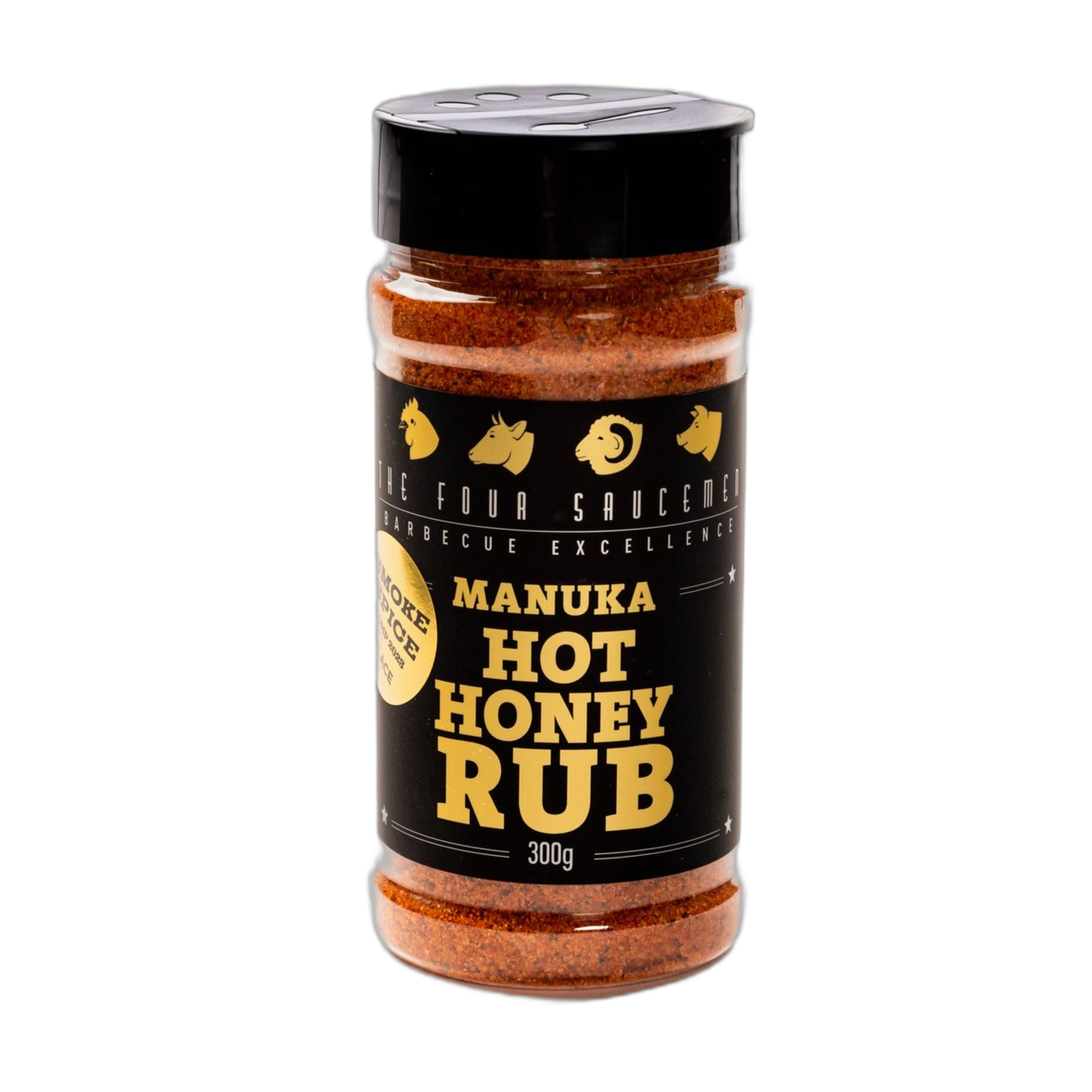 Four Saucemen Manuka Hot Honey Rub 300g, front of shaker