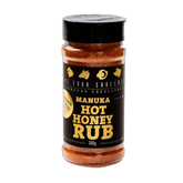 Four Saucemen Manuka Hot Honey Rub 300g, front of shaker