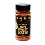 Four Saucemen Manuka Hot Honey Rub 300g, front of shaker