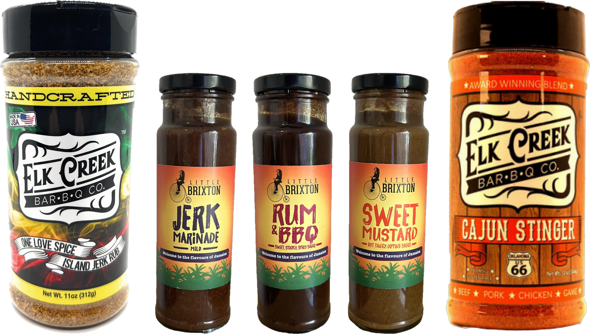 The Rub Hub Big Jerk Energy BBQ gift box: jerk marinade, rum BBQ sauce, sweet mustard, Cajun Stinger seasoning and jerk rub