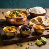 Goan Cuisine Chutney Trio bundle — three chutneys on a curry night table with chicken curry, rice and naan