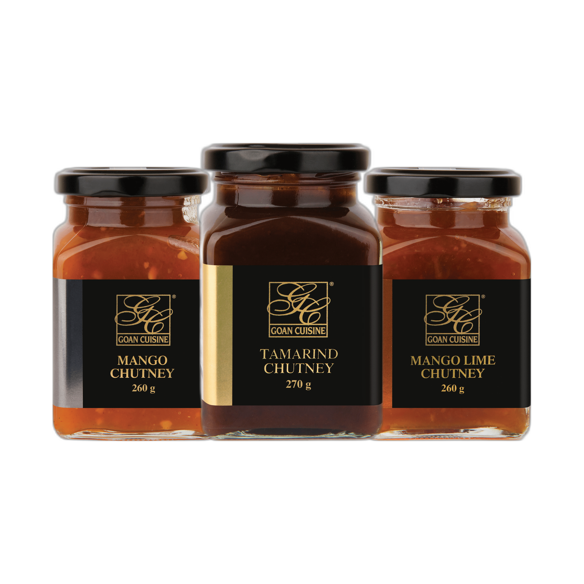 Goan Cuisine Chutney Trio Pick Any 3 bundle — Mango, Tamarind and Mango Lime Chutney jars on transparent background