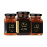 Goan Cuisine Chutney Trio Pick Any 3 bundle — Mango, Tamarind and Mango Lime Chutney jars on transparent background