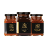 Goan Cuisine Chutney Trio Pick Any 3 bundle — Mango, Tamarind and Mango Lime Chutney jars on transparent background