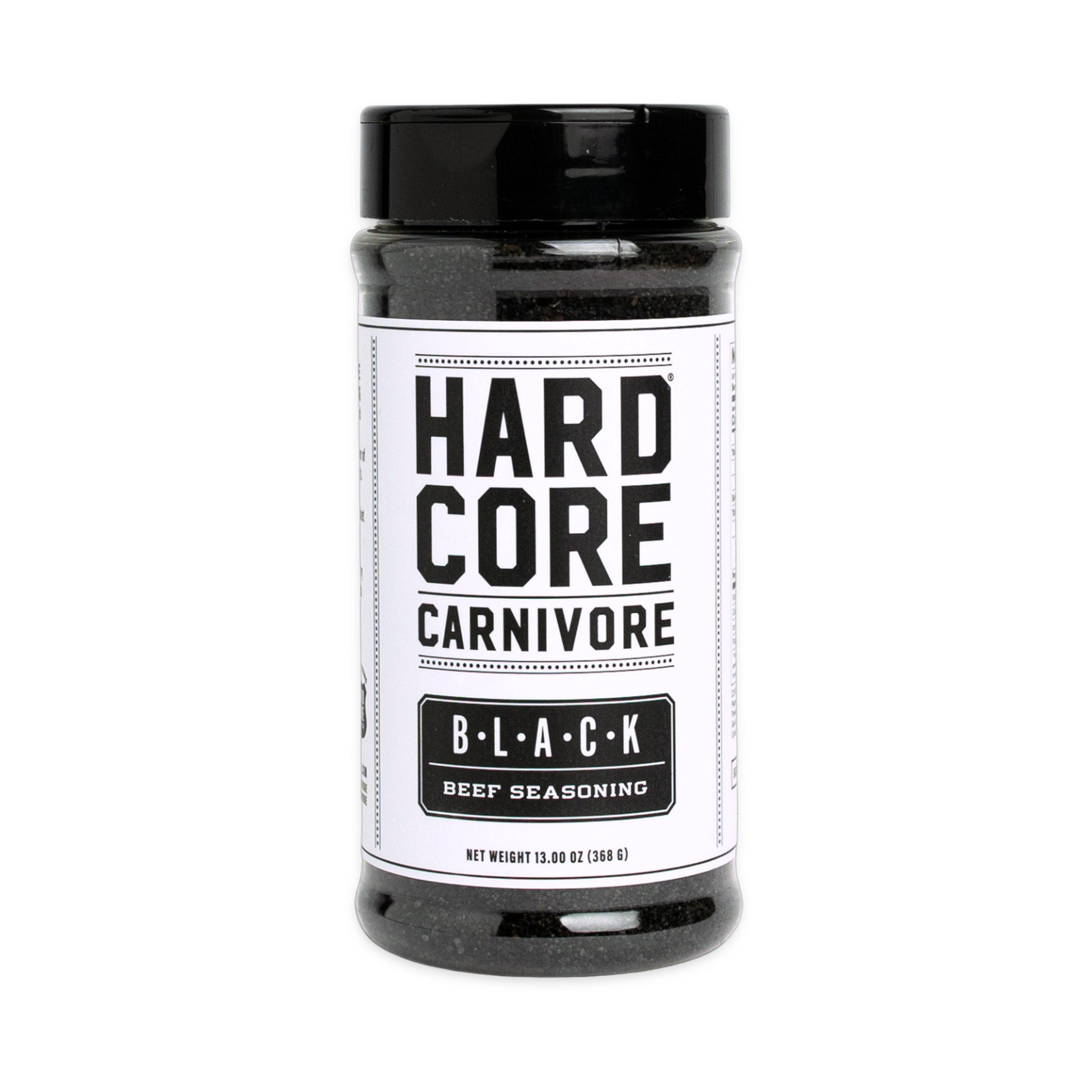 Hardcore Carnivore Black beef rub 368g shaker, front of pack on transparent background