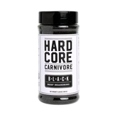 Hardcore Carnivore Black beef rub 368g shaker, front of pack on transparent background