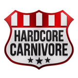 Hardcore Carnivore brand logo, red and white shield crest with three stars, on transparent background