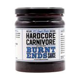Hardcore Carnivore Burnt Ends BBQ sauce 454g jar, front of pack on transparent background