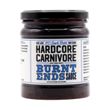 Hardcore Carnivore Burnt Ends BBQ sauce 454g jar, front of pack on transparent background