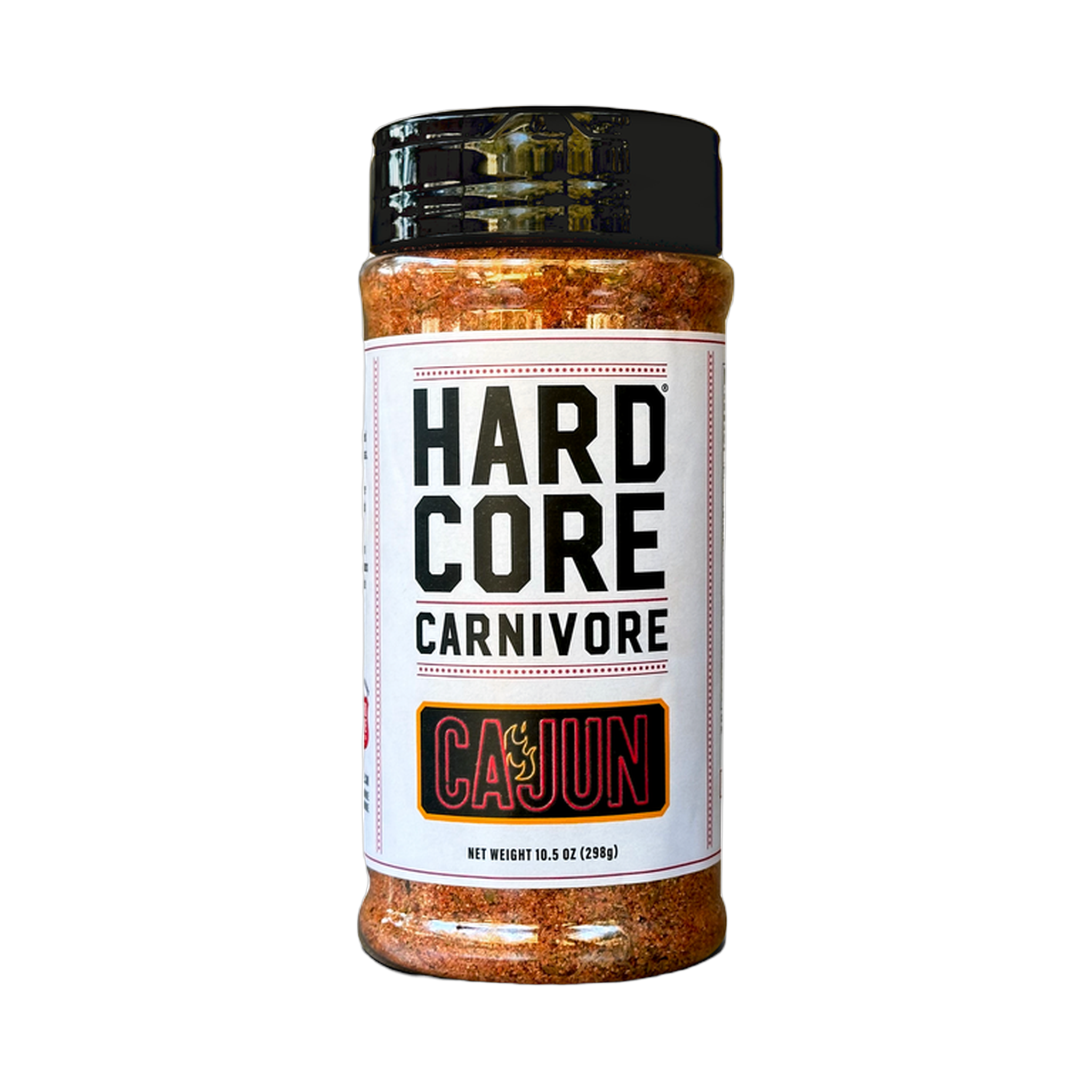 Hardcore Carnivore Cajun Rub — front of shaker on transparent background
